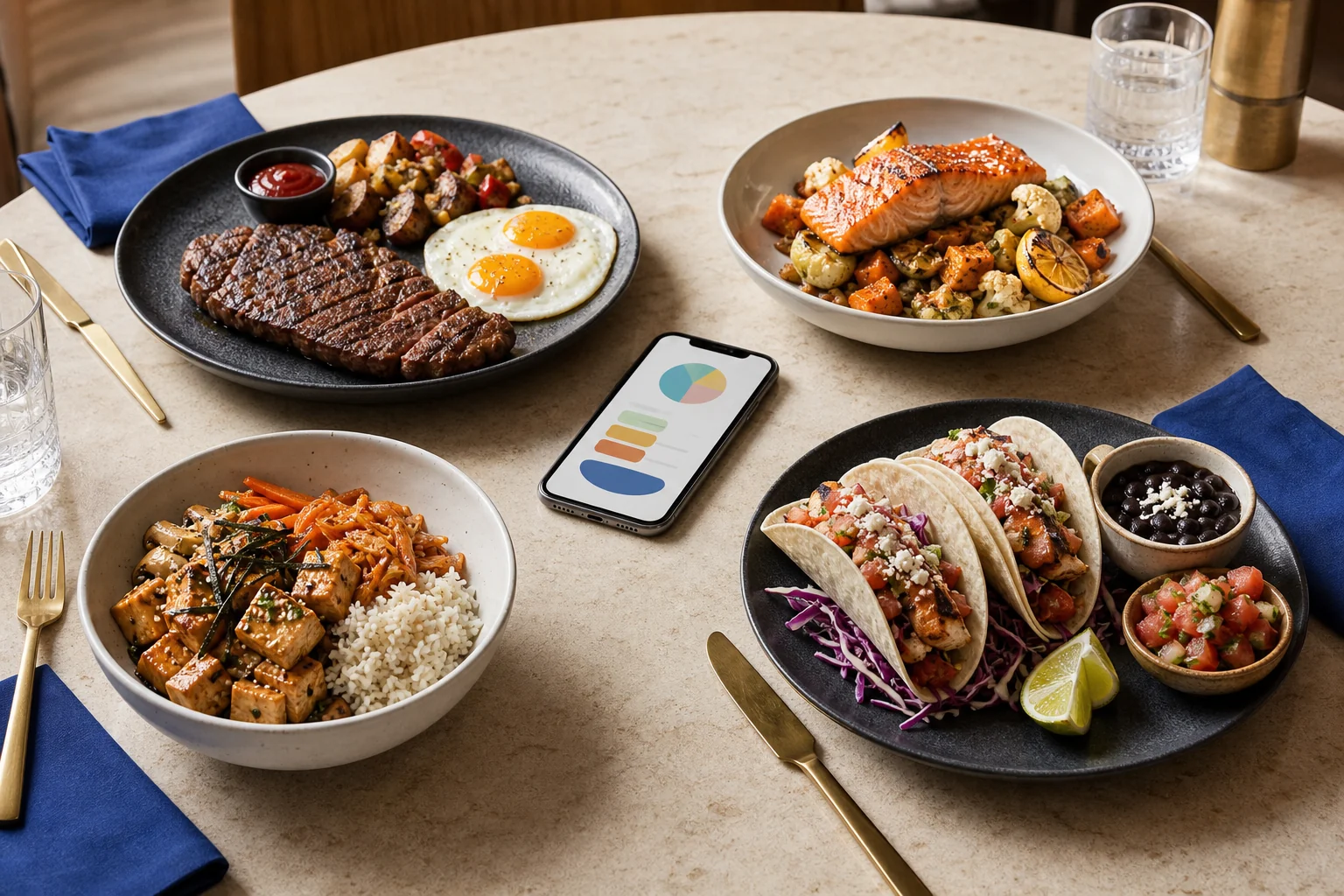 Four restaurant meals representing different diet profiles